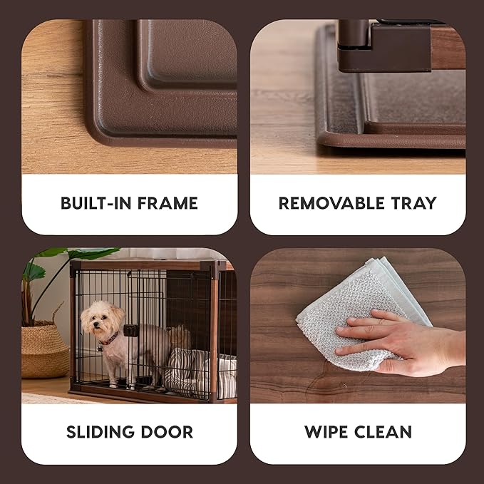 IRIS USA Modern Wooden Dog Crate – Stylish Furniture-Style Indoor Kennel & End Table for Small to Medium Dogs, Secure Enclosed Pet Cage with Sliding Door, Dark Brown