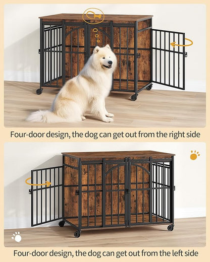 Hzuaneri 37.4" Dog Crate Furniture with Wheels, Wooden Pet Cage Indoor with Barn Door, L Dog Kennel Heavy Duty, Decorative Pet Crate for Small/Medium Dogs, End Table TV Stand, Rustic Brown DFC86201B