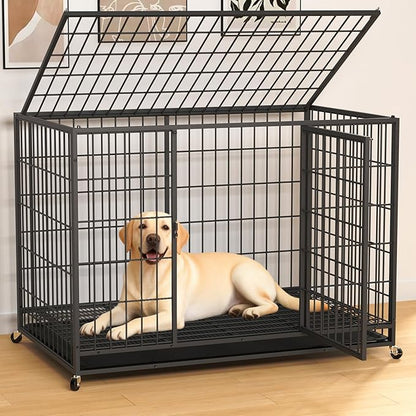 HIWOKK 48 Inch Large Dog Crate, Escape Proof Dog Cage with Dual Door Lock and Swivel Casters,Removable Tray for Easy Cleaning, Dog Kennel Indoor Outdoor Use