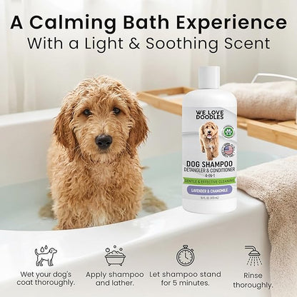 Dog Shampoo, Conditioner & Detangler - Best Shampoo for Goldendoodles, Poodles & Doodles Pet Hair - Hypoallergenic, Tearless, Sensitive Skin for Puppies & All Dog Breeds - Made in USA, 16OZ (Lavender)