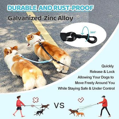 Double Dog Leash - 360°Swivel Tangle Free Splitter Attachment, 1 Rope with Handle, 2 Dogs Multi-Functional Leash, for Outdoor Walk Train Small Medium Large Two Pet, Lake Blue