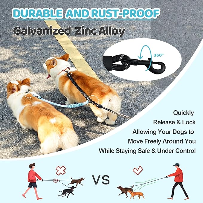 Double Dog Leash - 360°Swivel Tangle Free Splitter Attachment, 2 Dogs Multi-Functional Leashes, Dual Rope for Outdoor Walk Train Small Medium Large Two Pet, Lake Blue