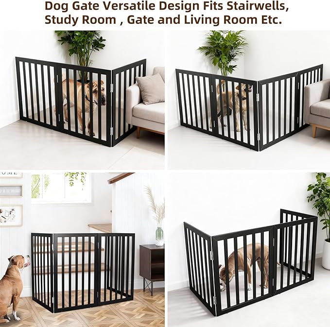ZJSF Freestanding Indoor Dog Gate for House Foldable Wood Black Puppy Gate for Doorways Pet Gate for Stairs Extra Wide Pet Fence 24" Height 3 Panels