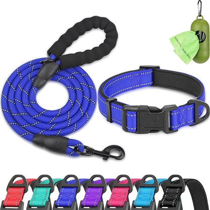 Dynmeow Reflective Dog Collar and Leash Set, 6FT Strong Climbing Rope Leash with Padded Handle, Adjustable Pet Collar with Soft Neoprene Padding for Medium Large Dogs, Navy-Blue, M