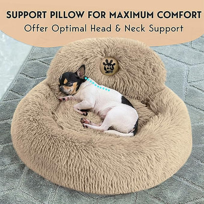PetJett Calming Dog Beds for Small Dogs – 23" Donut Dog Beds, Anti-Slip & Washable Puppy Bed - Fluffy Plush Faux Fur Pet Bed, Anti-Anxiety Premium Comfort Round Pillow, Fits Dogs up to 25 lbs – Beige