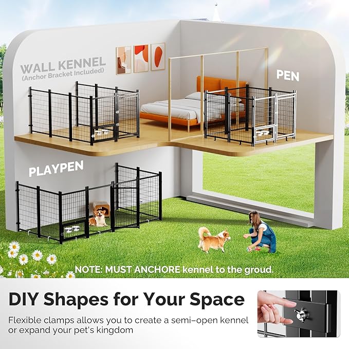 Sino Luban 2PCS Outdoor Dog Kennel Outside Run with Doggy Door, Swivel Feeder&Roof - 8x4x6FT Large Dog Kennels Pens Outside for Large Dogs Breed - Heavy Duty Cage (Can Connect to Your Dog House)