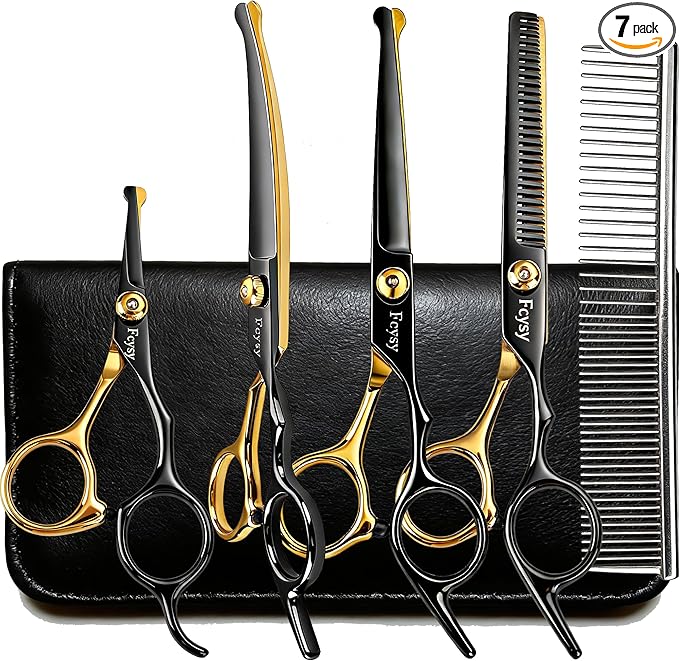 Dog Grooming Scissors Kit, Fcysy Professional Pet Shears for Cats at Home, Dog Grooming Tools with Curved & Straight Blades Scissors Thinning Shears Pet Supply Set