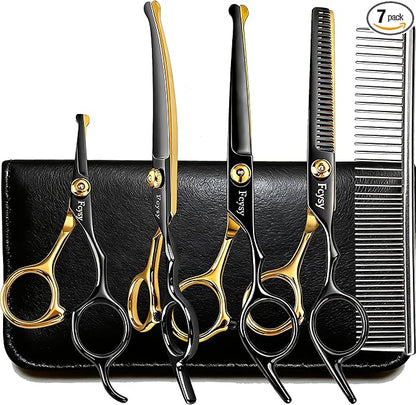 Dog Grooming Scissors Kit, Fcysy Professional Pet Shears for Cats at Home, Dog Grooming Tools with Curved & Straight Blades Scissors Thinning Shears Pet Supply Set