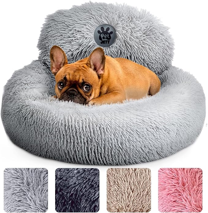 PetJett Small Dog Bed - 23'' Round Dog Beds, Calming Puppy Bed - Anti-Slip & Washable Super Soft Fluffy Plush Faux Fur Pet Bed, Anti-Anxiety Premium Comfort Donut Bed,Fits Dogs upto 25 lbs,Bright Gray
