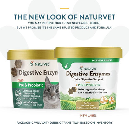 NaturVet – Digestive Enzymes for Cats Plus Probiotics – 60 Soft Chews – Helps Support Diet Change & A Healthy Digestive Tract – Aids in the Absorption of Vitamins & Minerals – 30 Day Supply