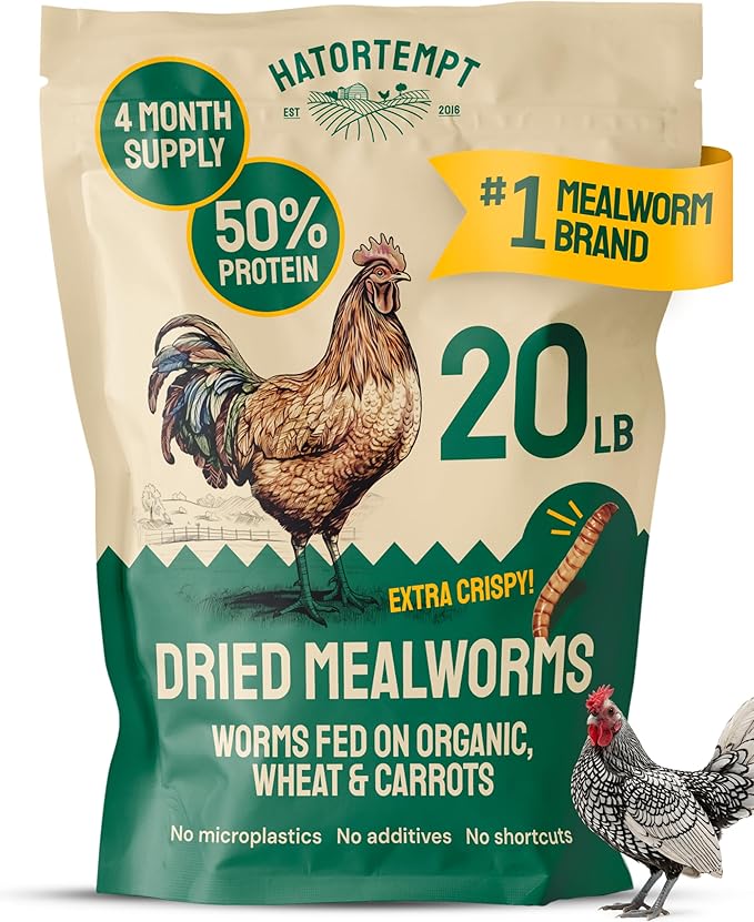 Hatortempt 20lb Dried Mealworms for Chickens - 50% Protein and 32% Essential Fats to Support Healthy Feather Growth During Molt - Organic Treats for Chickens, Ducks, Wild Birds & Reptiles