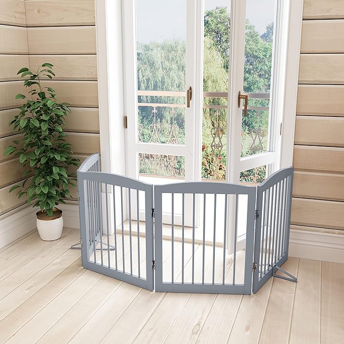 PUPETPO Freestanding Pet Gate for Dogs, Foldable Wooden Dog Gate for House, Indoor Dog Gate for Stair, Doorway, Gates for Dogs Indoor, 80 Inch Wide, 4 Panels 24", Grey