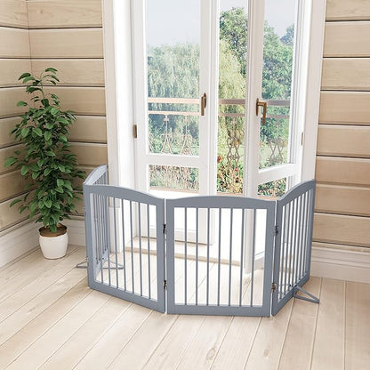 PUPETPO Freestanding Pet Gate for Dogs, Foldable Wooden Dog Gate for House, Indoor Dog Gate for Stair, Doorway, Gates for Dogs Indoor, 80 Inch Wide, 4 Panels 24", Grey
