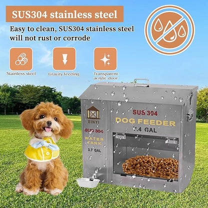 Xinyi Stainless Steel Dog Feeder and Waterer 2-in-1, Gravity Dog Feeder, Aluminum Alloy Water Cup, Automatic Feeder Waterpoof and Sturdy, Transparent Acrylic Observation Window, 7.4 Gallon
