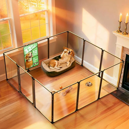 FXW AuraSpace Pro Acrylic Indoor Dog Playpen, Heavy-Duty with Metal Frame, 32" Height 12 Panels for Small and Medium Dogs, Walnut│Patented