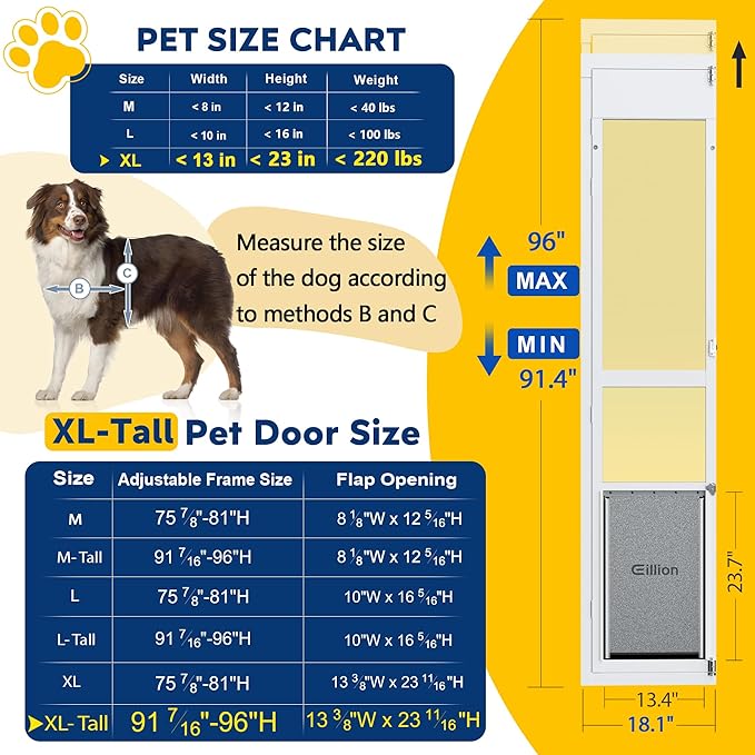 XLarge Dog Door for Sliding Glass Doors, 91 7/16" to 96" Tall, 12.8" Wide, Aluminum Frame, Magnetic Seal, Perfect for X-Large Pets Up to 220 lbs