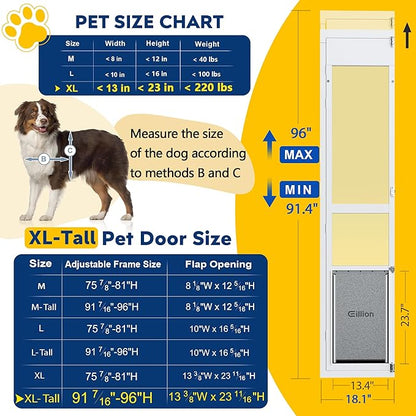 XLarge Dog Door for Sliding Glass Doors, 91 7/16" to 96" Tall, 12.8" Wide, Aluminum Frame, Magnetic Seal, Perfect for X-Large Pets Up to 220 lbs