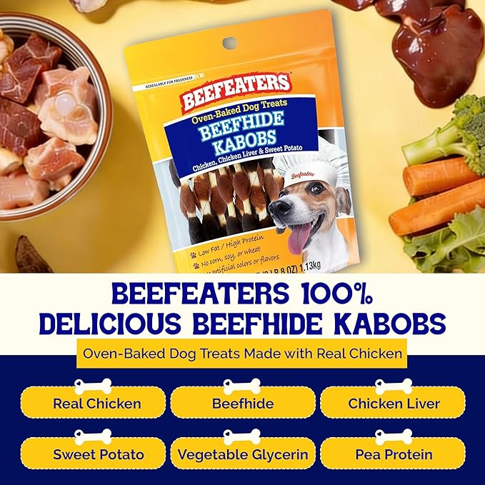 Beefeaters Triple Flavor Beefhide Kabobs 40oz, Dog Treats with Real Chicken, Liver & Sweet Potato – Long-Lasting Dog Kabob Treats for Chewing, Dental Support*, Flavor-Packed Treats - Training Rewards