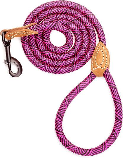 Mile High Life Rope Leash with Genuine Leather Connection, 6 FT/5 FT/4 FT, Heavy Duty Leash for Medium & Large Dogs (Hot Pink, 72 Inch)