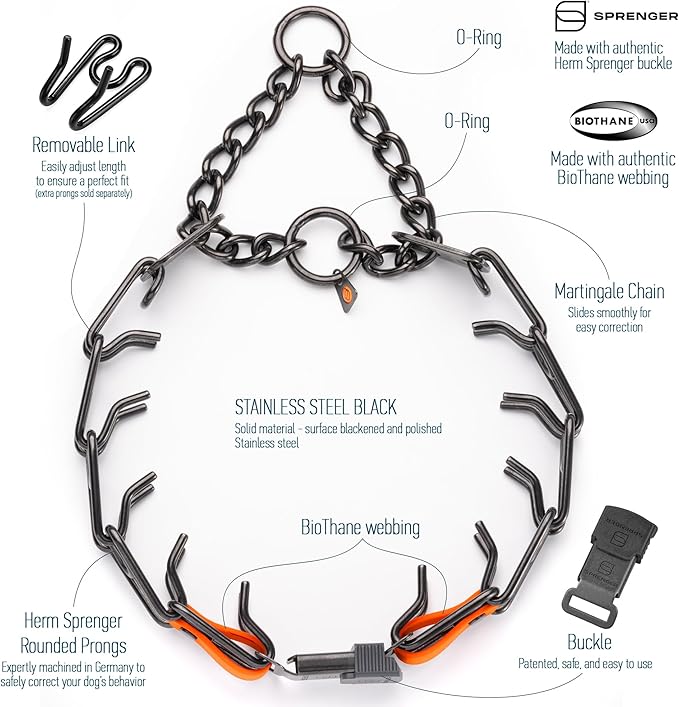 Herm Sprenger Black Stainless Steel Dog Collar with Quick Release ClicLock Buckle O-Ring Biothane Insert Training Collar Made in Germany (Hunter Orange, 25in x 4.0mm(Neck Size up to21-22in))