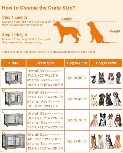 YaFiti Dog Crate Furniture with Cushion, Wooden Dog Kennel Indoor with Double Doors, Dog Cage with Wheels, Dog House Side End Table for Large Dogs up to 85 lb, 44" L, Grey