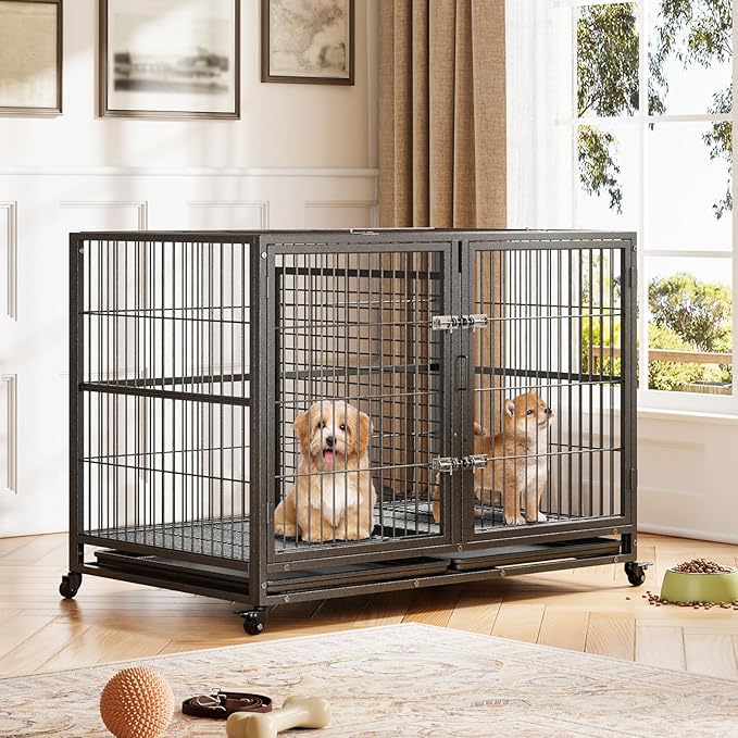 Heavy Duty Dog Crate, 48 Inches Large Metal Dog Kennel with Flexible Divider, 2 Door Pet Cage with Removable Tray and Wheels for Small Medium Large Pets