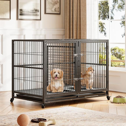 Heavy Duty Dog Crate, 48 Inches Large Metal Dog Kennel with Flexible Divider, 2 Door Pet Cage with Removable Tray and Wheels for Small Medium Large Pets
