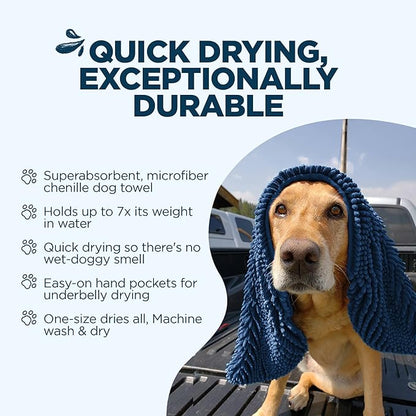 Soggy Doggy Super Shammy Dog Towel – Absorbent Microfiber Chenille Pet Towel for Drying Wet Dogs, Muddy Paws, Quick Dry Dog Shammy with Hand Pockets, Machine Washable – Navy Blue, 31” x 14”