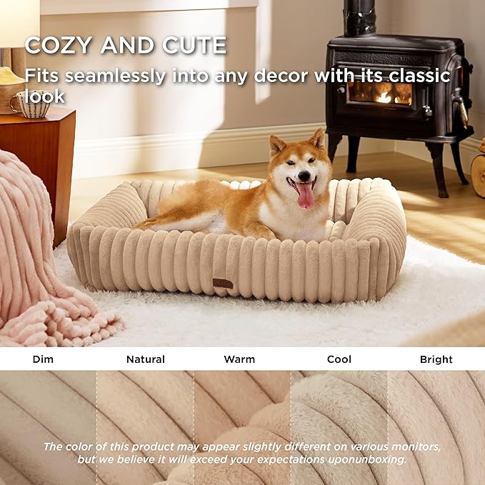Bedsure ComfyFleece™ Cute Dog Beds Large Sized Dog - Washable Furry Pet Beds, Rectangle Orthopedic Corduroy Fleece Puppy Beds with Removable Zipper Cover, 36x27x8inches,Sandy Beige