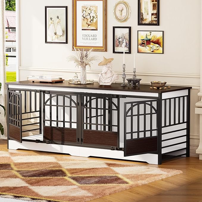 COZPAW 86 Inch Double Dog Crate Furniture, Extra Large Dog Kennel Indoor for 2 Dogs, Heavy Duty Dog Cage with Divider, Wooden Dog House Decorative Table TV Stand for XLarge Dogs (White&Brown)
