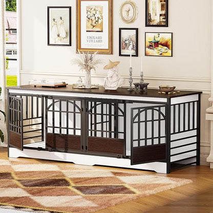COZPAW 86 Inch Double Dog Crate Furniture, Extra Large Dog Kennel Indoor for 2 Dogs, Heavy Duty Dog Cage with Divider, Wooden Dog House Decorative Table TV Stand for XLarge Dogs (White&Brown)