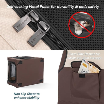 PETSFIT Soft Dog Crate, Travel Dog Crate - 24 Inch Sturdy Adjustable Structure, Easy to Set Up, Portable Dog Car Crate, Light Tough with 3 Mesh Doors Brown