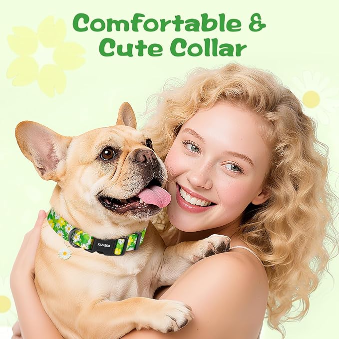 Kazazoo Dog Collar Cute and Soft Nylon Puppy Collar for Boy and Girl, Adjustable Dog Collars for Small Medium Dogs, Green Daisy-XS