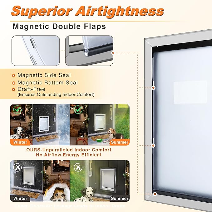 Aluminum Extra Large Dog Door for Wall, Extreme Weather Doggy Door with Enclosed Magnetic Double Flaps, Heavy Duty Doggie Doors with Telescoping Tunnel for Large and Extra Large Dogs Up to 220Lbs
