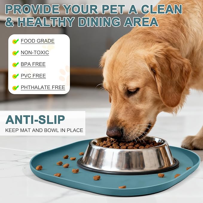 SMILOOL Small Silicone Pet Food Mat with Raised Edge for Food and Water Bowl, Square Dog Feeding Mats, Cat Food Trays for Floor Waterproof, Rubber Tray for Dogs and Cats, 12 x 12 x 0.7 Slate Blue