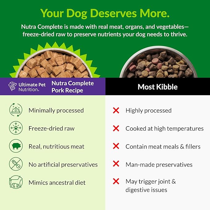 ULTIMATE PET NUTRITION Nutra Complete, 100% Freeze Dried Veterinarian Formulated Raw Dog Food with Antioxidants Prebiotics and Amino Acids, (1 Pound (Pack of 4), Pork)