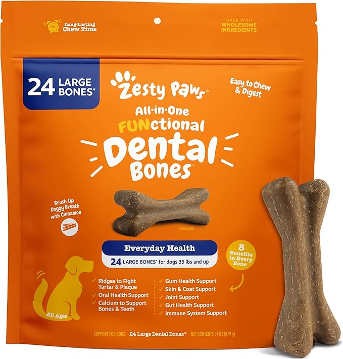 Zesty Paws Dental Bones - Fights Tartar & Plaque - Gum, Teeth & Bone Health - Cinnamon for Dog Breath - Immune, Joint, Gut, Skin & Coat Support - Omega 3 EPA & DHA and Calcium - Large Dogs - 24 ct