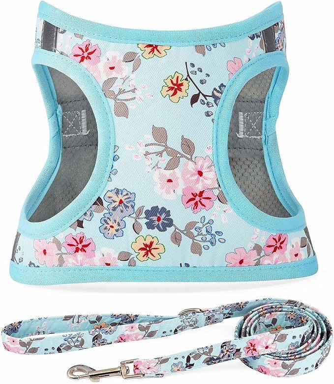 Moonpet Step in Dog Harness Leash Set- All Weather Reflective No-Pull Floral Pattern Padded Mesh Vest Harness for Cats Puppy Extra-Small Small Medium Large Dogs - Bell Orchid - XL