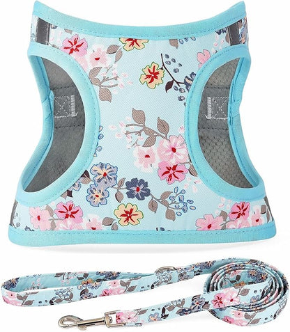 Moonpet Step in Dog Harness Leash Set- All Weather Reflective No-Pull Floral Pattern Padded Mesh Vest Harness for Cats Puppy Extra-Small Small Medium Large Dogs - Bell Orchid - XL
