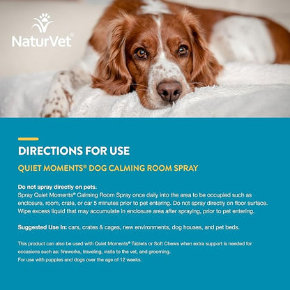 NaturVet Quiet Moments Herbal Calming Room Spray Dog Supplement - Ideal for Cars, Dog Crates, New Environments - Helps Reduce Pet Stress, Storm Anxiety, Motion Sickness - 8 Oz.