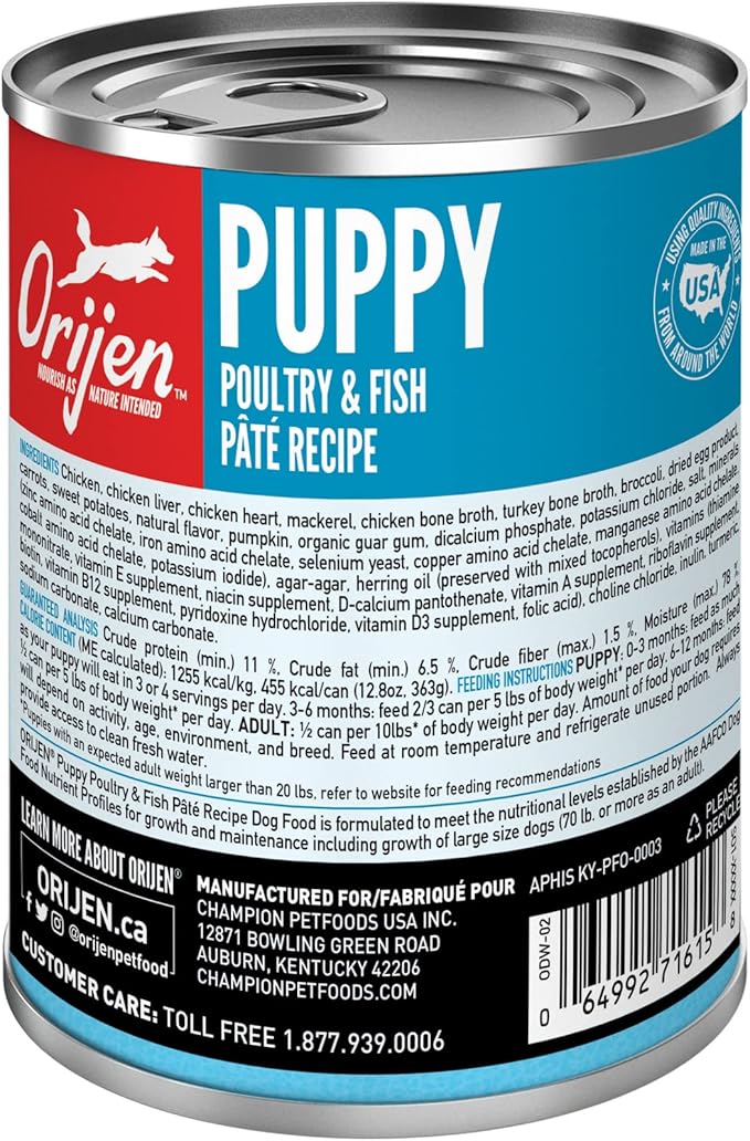 ORIJEN Pate Wet Dog Food Poultry and Fish Puppy Recipe 12.8oz Cans (12 Count)
