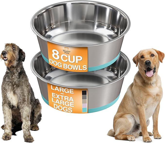 Neater Pet Brands Stainless Steel Dog Bowls with Non-Slip Rubber Bottom – Set of 2, 8 Cup (64 oz), Teal - Heavy Duty Metal Dog Bowl, Dishwasher Safe, Food or Water Bowl, Ideal for Large Dogs