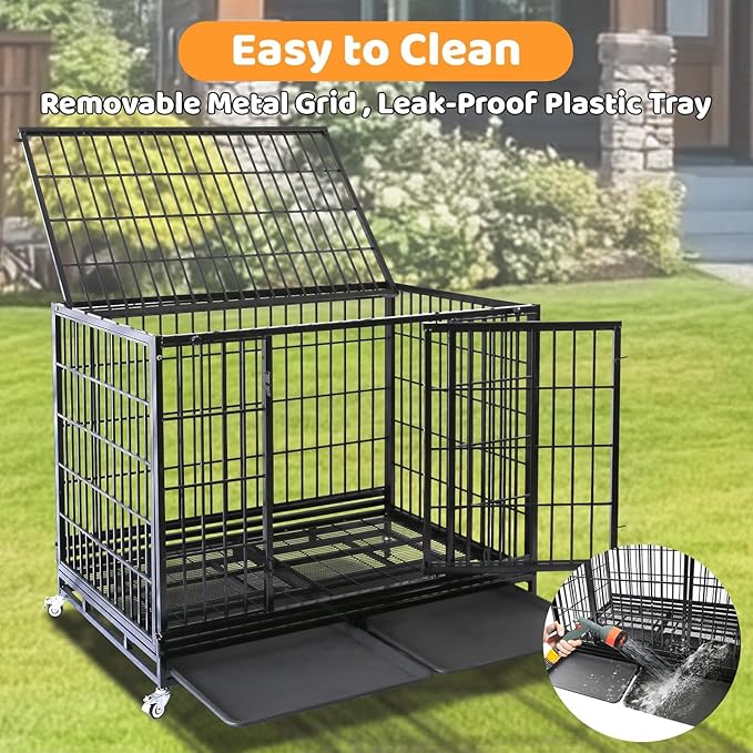 Heavy Duty Dog Crates for Large Dogs, Homey Pet 47 Inch Stackable Large Dogs Cage Kennel Indoor with 4 Lockable Wheels, 2 Trays, Metal Grids, Double Doors, Big Metal Wire Dog Crate