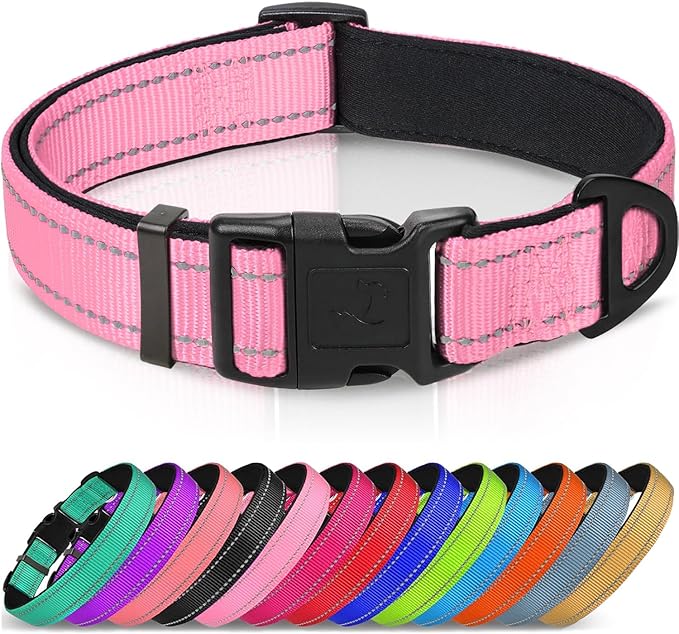 Joytale Reflective Dog Collar, Soft Neoprene Padded, Metal D-Ring, Nylon Pet Collar Adjustable for Large Dogs, Pink, L