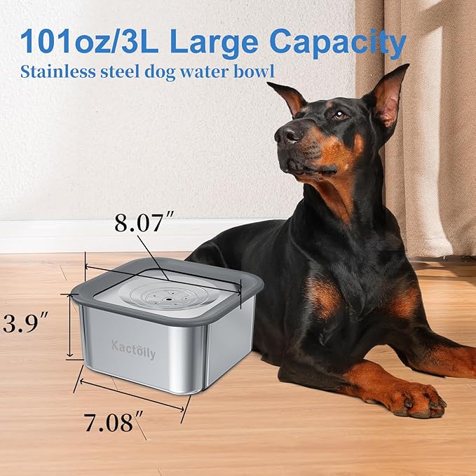 Kactoily 3L No-Spill Dog Water Bowl, Large Capacity Slow-Drinking Pet Water Feeder with Anti-Splash Floating Disk and Non-Slip Base (Square Dog Bowl)