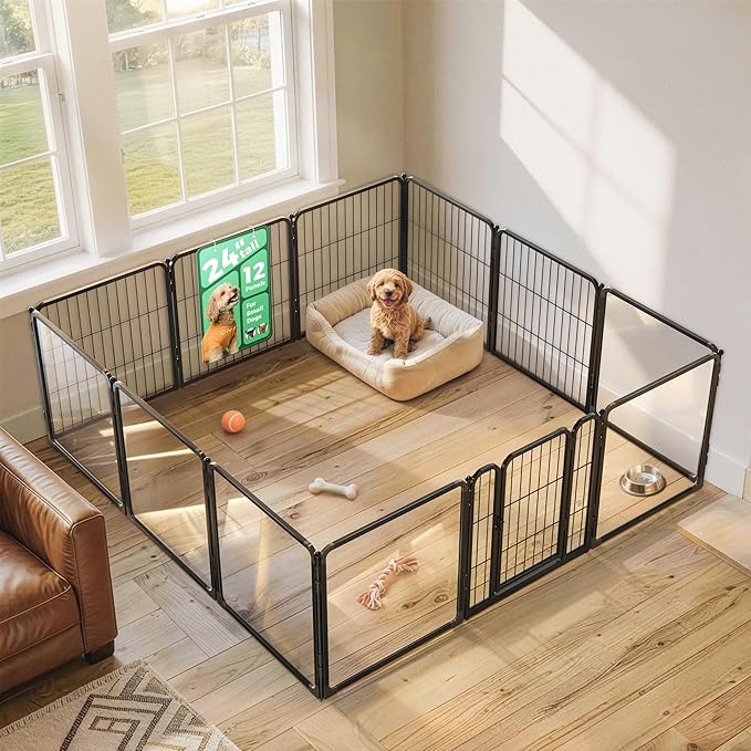 FXW AuraSpace Pro Acrylic & Wire Mesh Indoor Dog Playpen, 24" Height 12 Panels Metal Dog Pen for Puppies & Small Dogs, Black│Patented