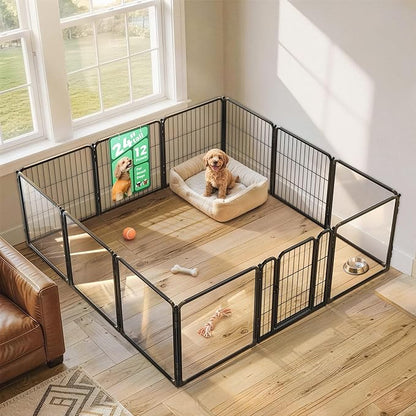 FXW AuraSpace Pro Acrylic & Wire Mesh Indoor Dog Playpen, 24" Height 12 Panels Metal Dog Pen for Puppies & Small Dogs, Black│Patented