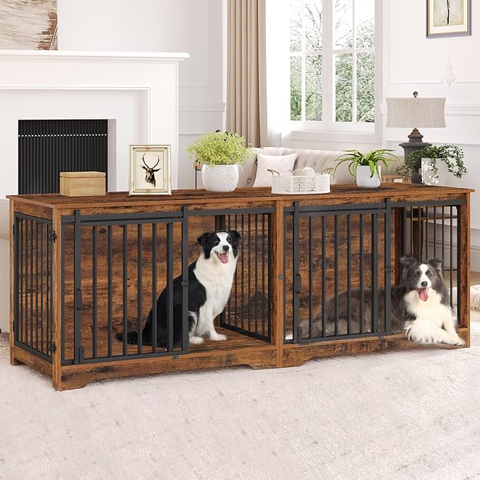 Hzuaneri 78" Dog Crate Furniture for 2 Dogs, Double Dog Cage with Divider, Wooden Heavy Duty Dogs Kennel, Pet Cage with Barn Door, TV Stand for Large Small Medium Dogs, Rustic Brown DFC83701BV1