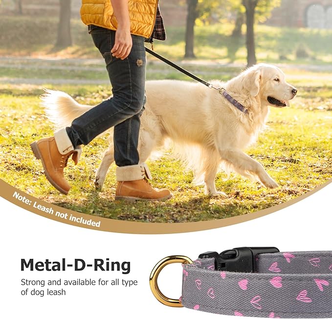 Cotton Handmade Dog Collar Cute and Distinctive Patterns Grey Heart with Pendant for Girl Boy Dogs Collars L