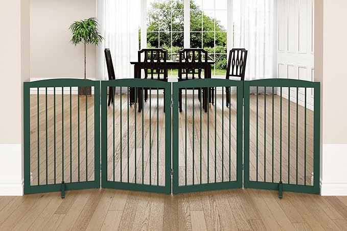 PUPETPO Freestanding Pet Gate for Dogs, Indoor Wooden Dog Gate for House, Foldable Dog Gate for Doorway, Stair, Step Over Pet Puppy Safety Fence Tall, 80 Inch Wide, 4 Panels 32", Green